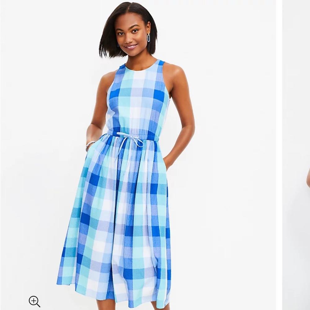 LOFT Plaid Cutout Back Midi Pocket Dress